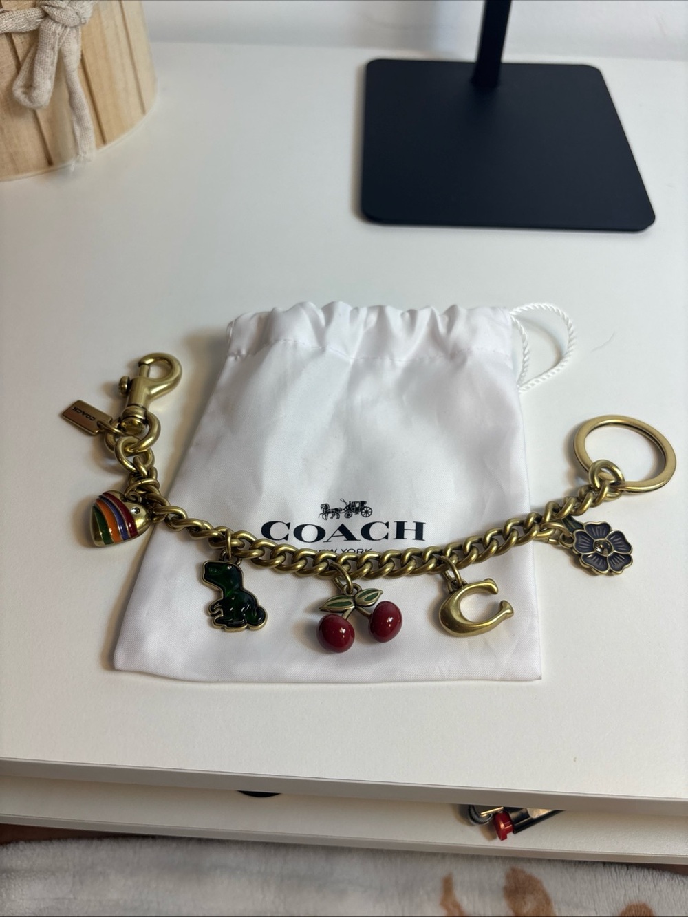 COACH Motif Chain Rexy Tea Rose Cherry Heart Brass Bag Charm AUTHENTIC CN119